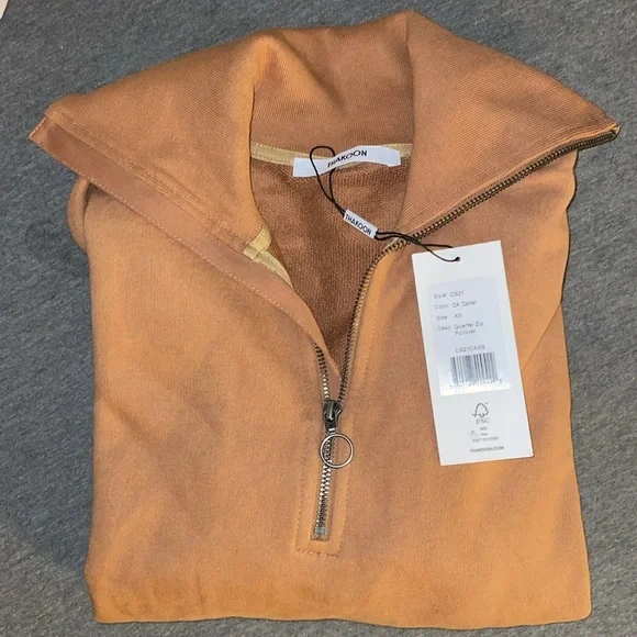 NWT |THAKOON 100% Cotton Ribbed Collar Terry Lined Quarter Zip Pullover Camel XS - Picture 3 of 7